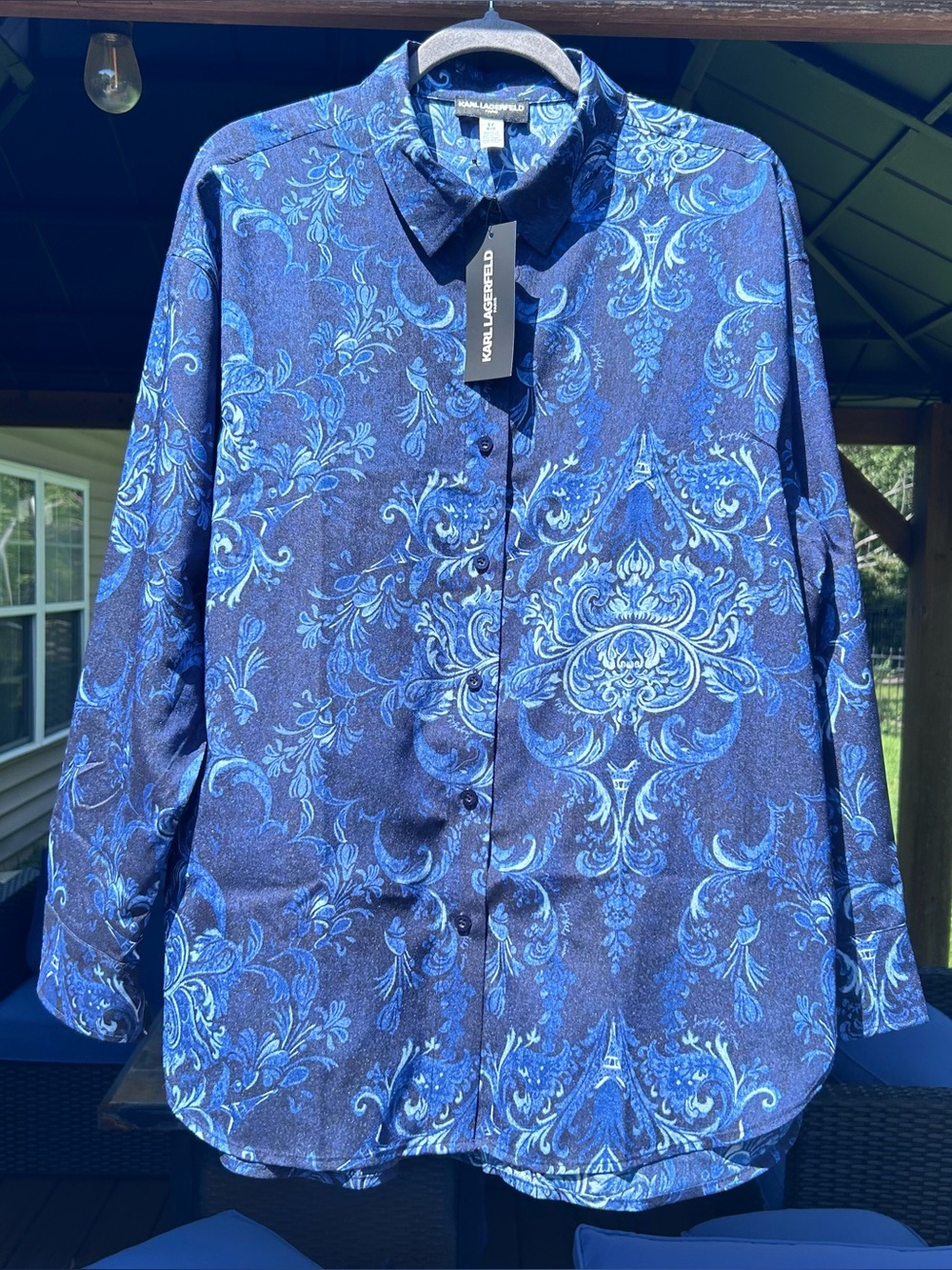 Karl Lagerfeld NWT Blue Floral Button Down Paisley Long Sleeved Shirt Bohemian